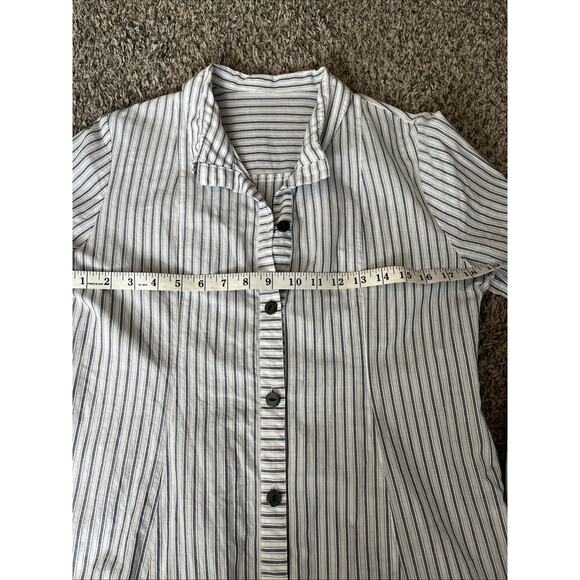 Womens Medium Linen Feel Top Long Sleeves Collared Striped Blue Embroidered - Picture 10 of 12